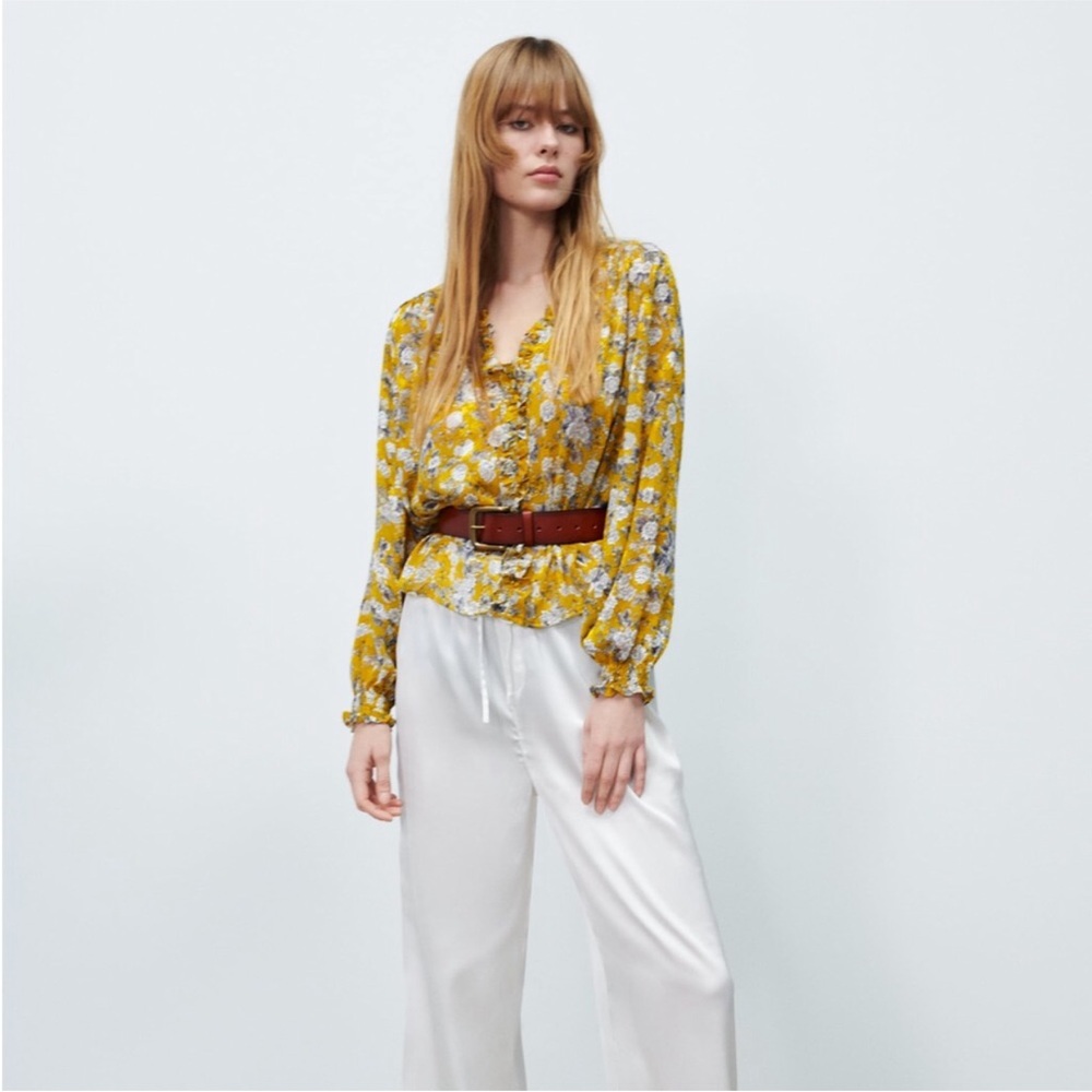NWOT Zara Ruffle Trim Silky Yellow Gray Floral Pattern Button Floral Blouse Top - Picture 14 of 14